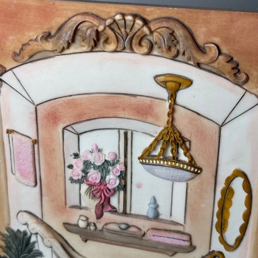 Janet Kruskamp 3D   Plaque 8x6 Pastel Victorian Bathroom Clawfoot Tub Art